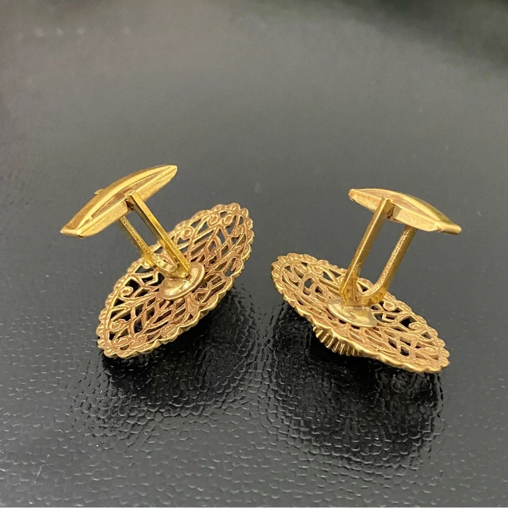 Vintage Unsigned Gold-tone Filigree Micro Pearl Beads Oval Cufflinks